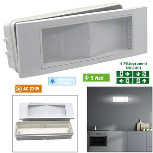Lampada emergenza parete LED 5W luce sicurezza incasso moderna ricaricabile pittogrammi exit uscita ufficio negozio 230V