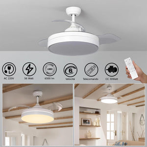 Lampada Ventilatore da Soffitto con Luce e pale retrattili 70W Silenzioso Telecomando e Motore DC Camera Letto