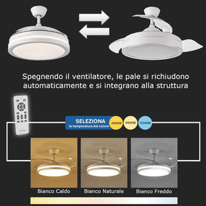Lampada Ventilatore da Soffitto con Luce e pale retrattili 70W Silenzioso Telecomando e Motore DC Camera Letto
