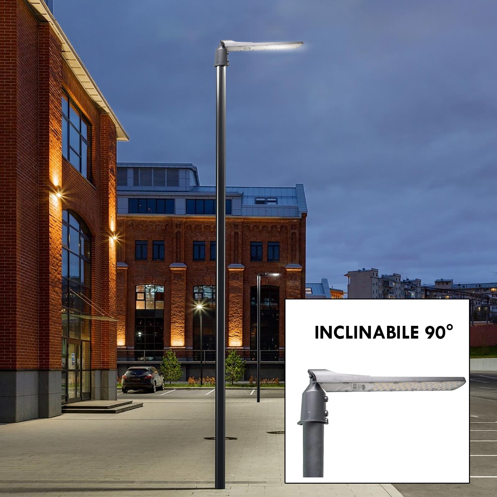 Faro armatura stradale SLIM IP65 lampione LED 100W basculante inclinabile 90 gradi luce esterni viale giardino 8400lm 230V