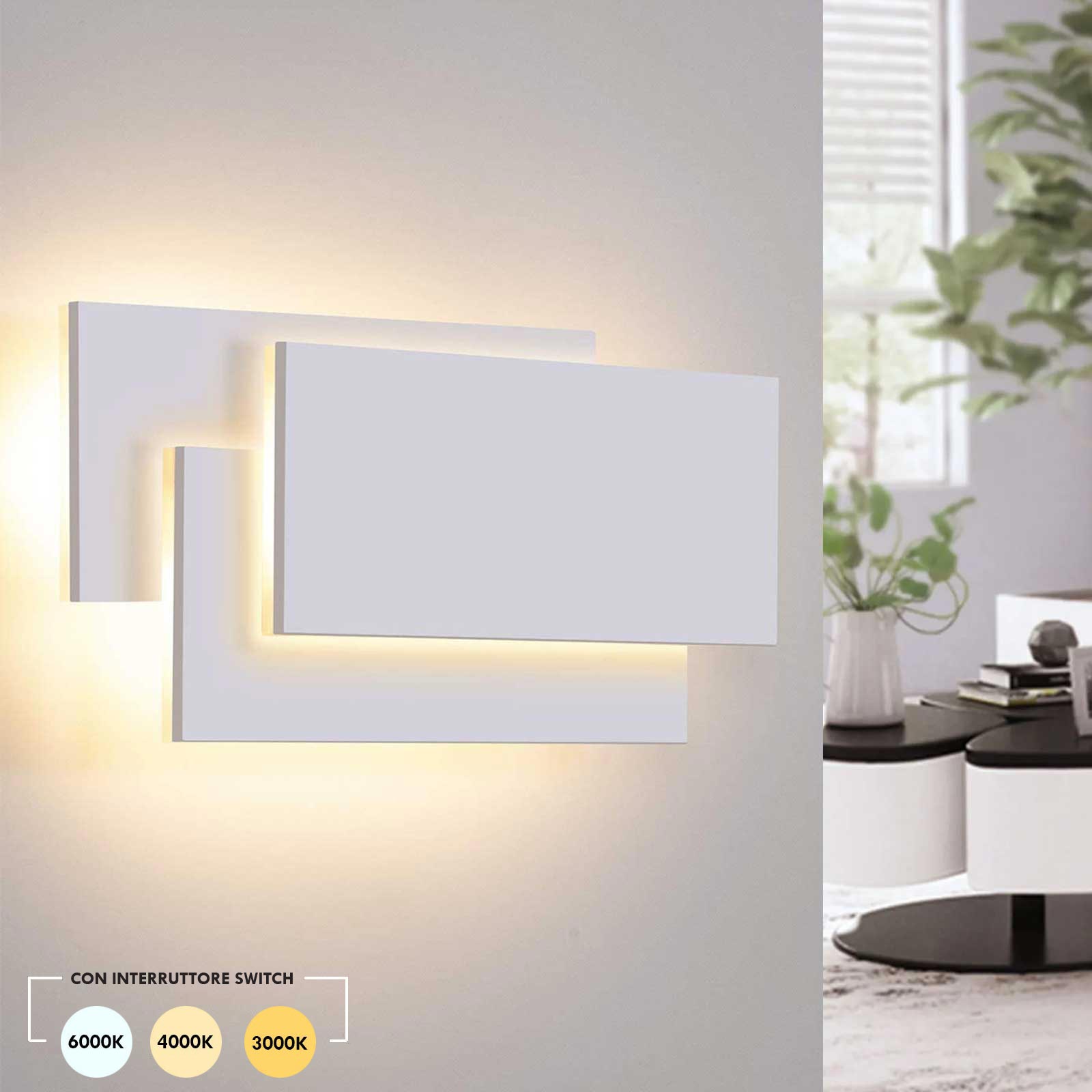 Applique moderno rettangolare LED 12W CCT 3 temperature di luce da 3000K a 6500K lampada parete muro soggiorno ufficio 230V