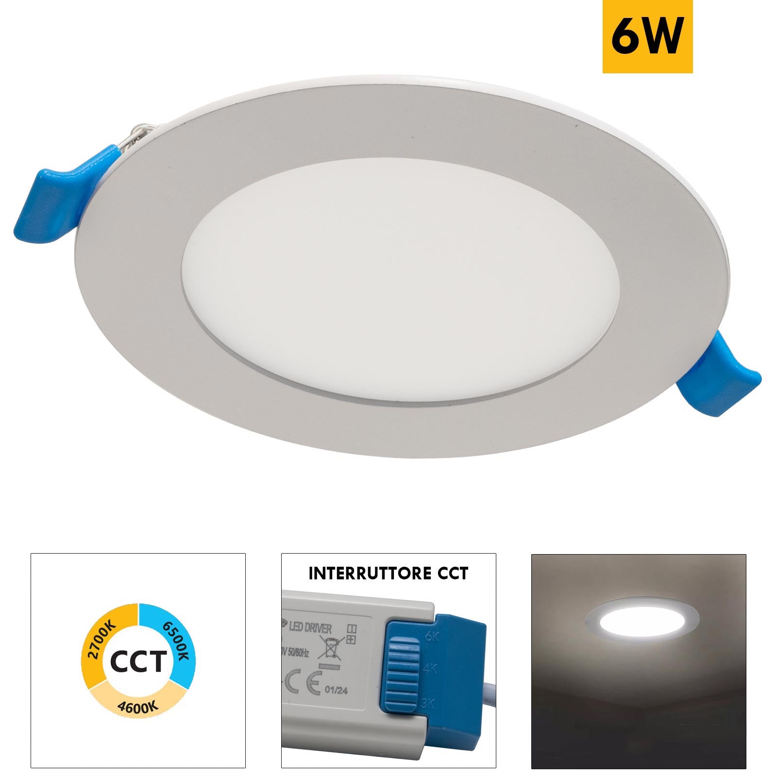 Faretto incasso LED 6W pannello rotondo slim interruttore CCT da 3000K a 6500K luce ingresso ufficio foro 10cm