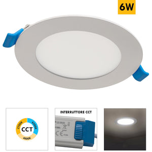 Faretto incasso LED 6W pannello rotondo slim interruttore CCT da 3000K a 6500K luce ingresso ufficio foro 10cm