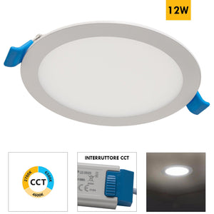 Faretto incasso LED 12W pannello tondo slim interruttore CCT da 3000K a 6500K luce negozio vetrina foro 15cm
