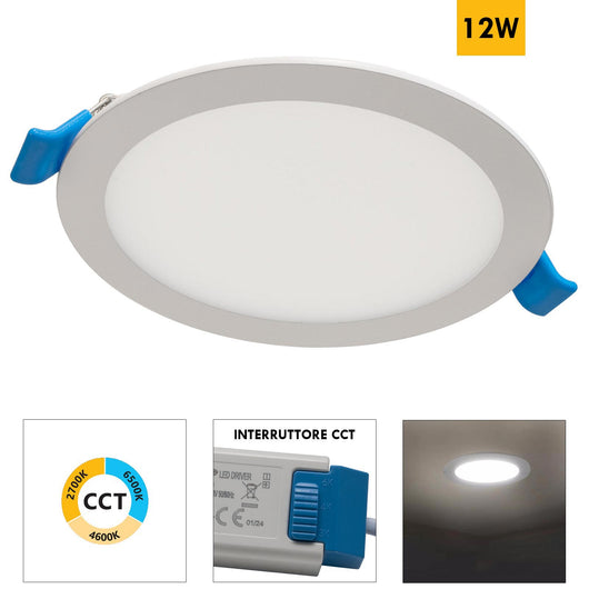 Faretto incasso LED 12W pannello tondo slim interruttore CCT da 3000K a 6500K luce negozio vetrina foro 15cm