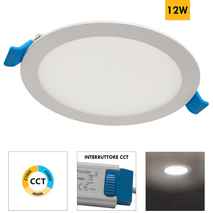 Faretto incasso LED 12W pannello tondo slim interruttore CCT da 3000K a 6500K luce negozio vetrina foro 15cm
