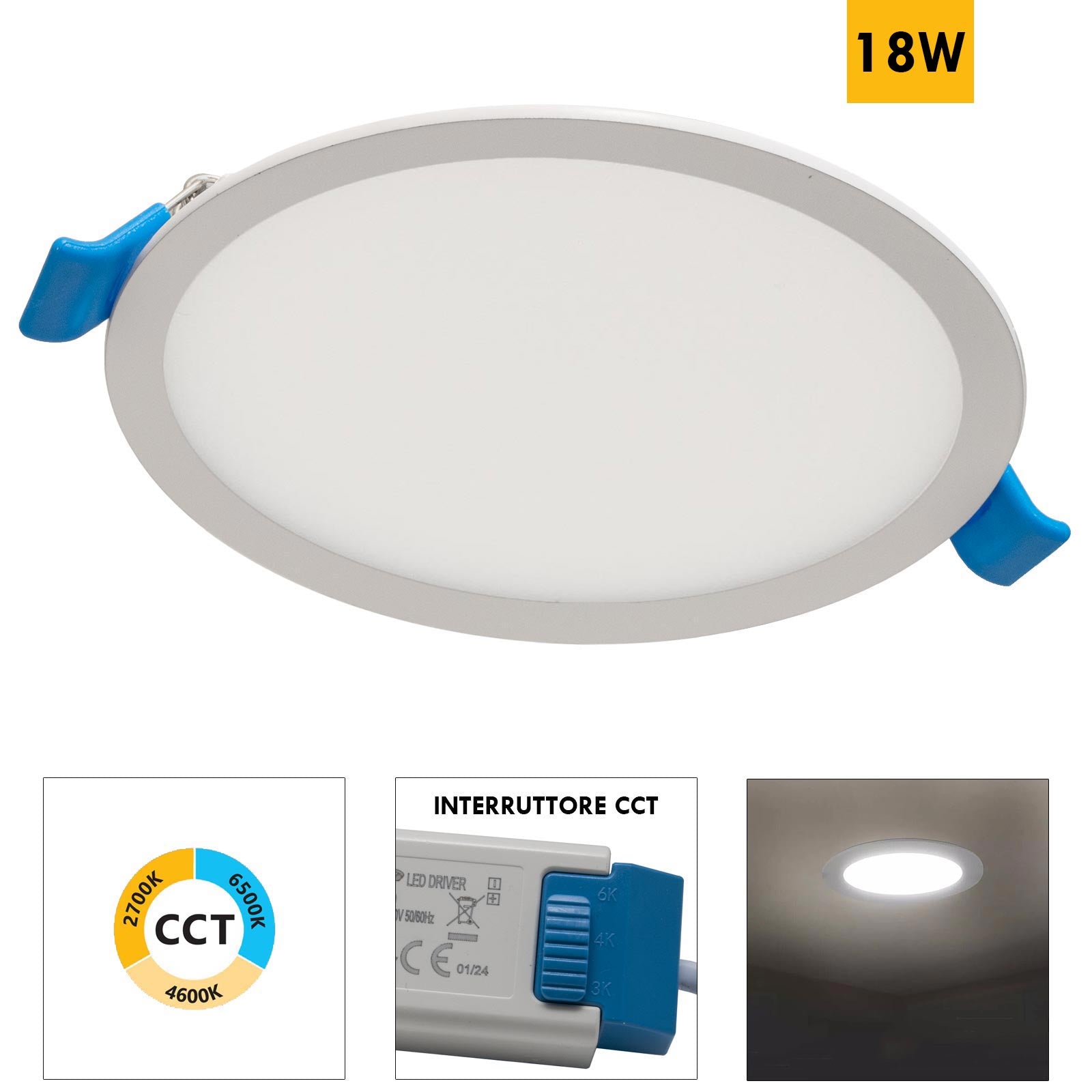 Faretto incasso LED 18W pannello rotondo slim interruttore CCT da 3000K a 6500K luce negozio ufficio cucina foro 20cm