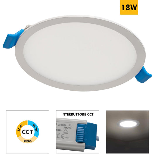Faretto incasso LED 18W pannello rotondo slim interruttore CCT da 3000K a 6500K luce negozio ufficio cucina foro 20cm