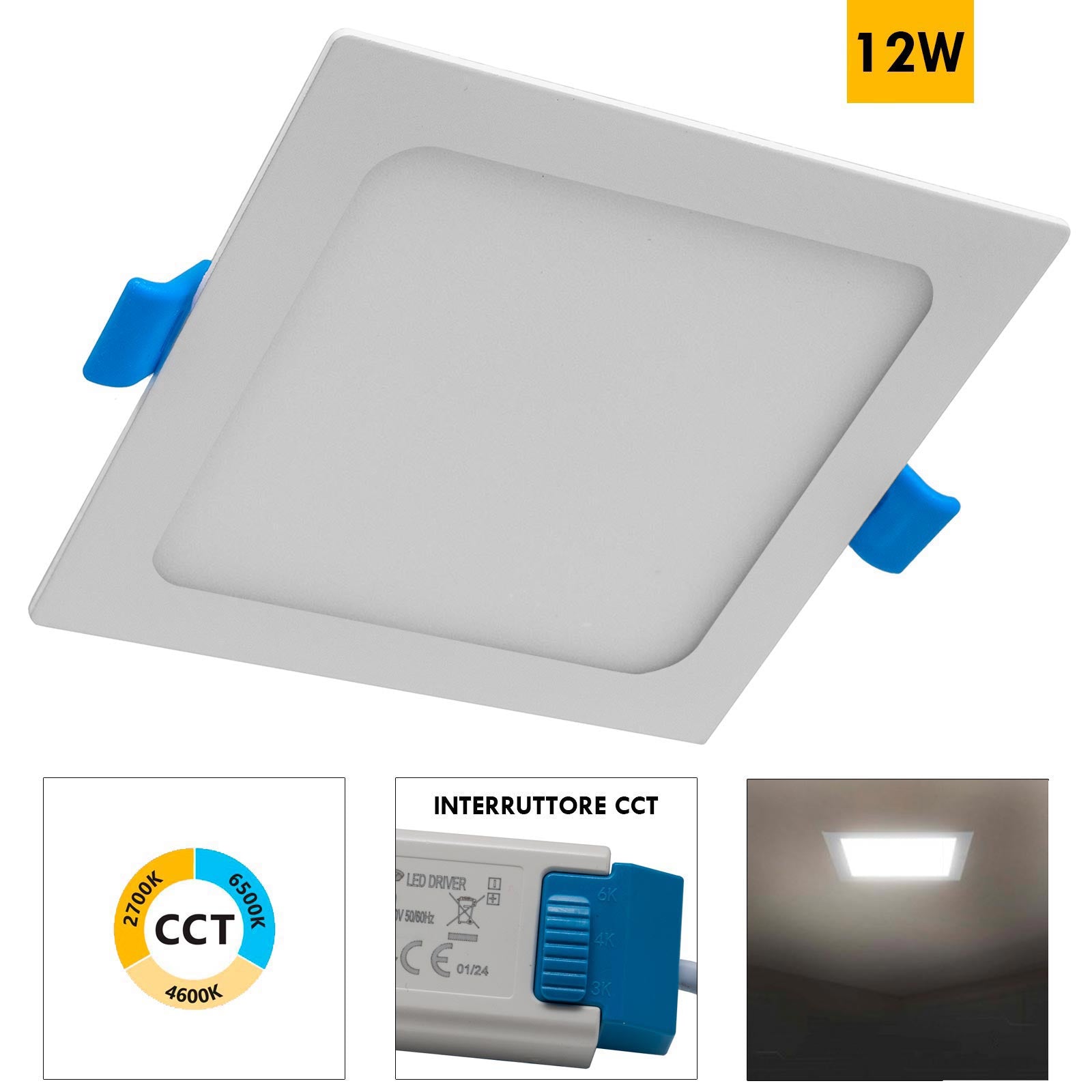 Faretto incasso LED 12W pannello quadrato slim interruttore CCT da 3000K a 6500K luce negozio ufficio foro 15cm