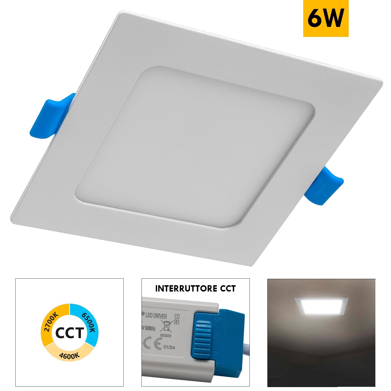 Faretto incasso LED 6W pannello quadrato slim interruttore CCT da 3000K a 6500K luce corridoio cucina foro 10cm