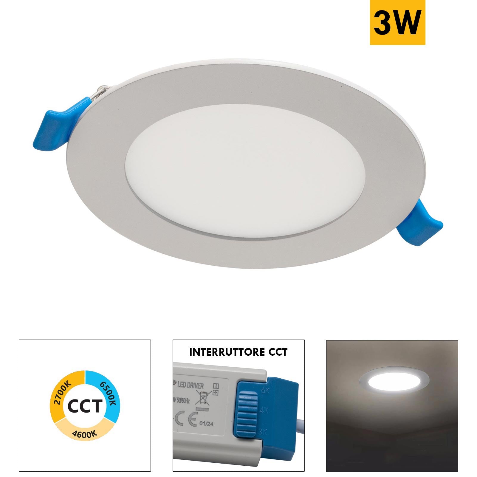 Faretto incasso LED 3W rotondo mini pannello slim interruttore CCT da 3000K a 6500K luce vetrina negozio foro 7cm