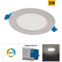 Faretto incasso LED 3W rotondo mini pannello slim interruttore CCT da 3000K a 6500K luce vetrina negozio foro 7cm