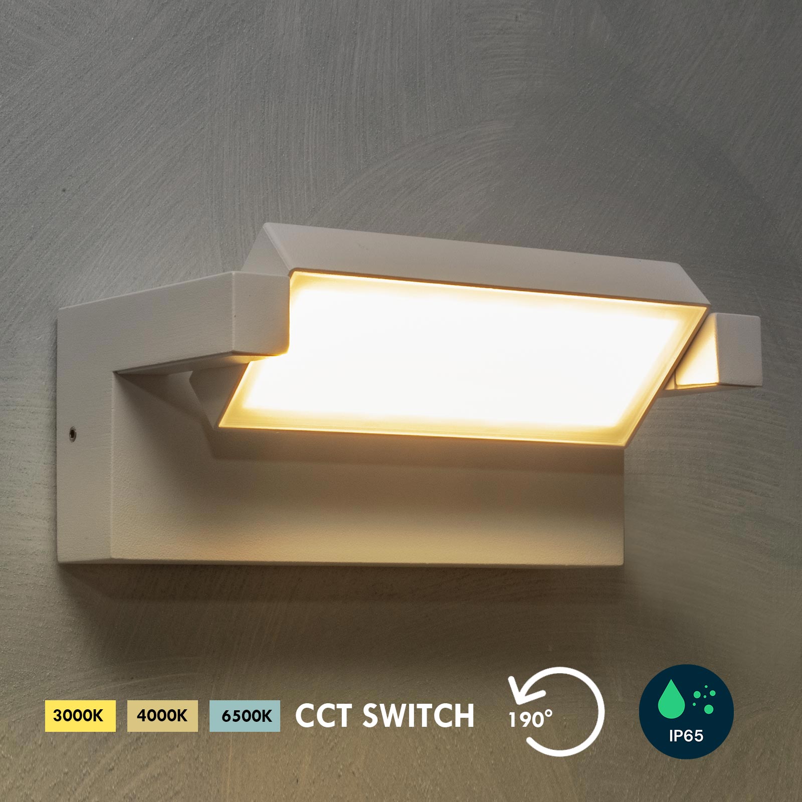 Applique da parete per esterno LED 21W IP65 interruttore CCT da 3000K a 6500K diffusore vetro orientabile luce giardino balcone ingresso 230V BIANCO