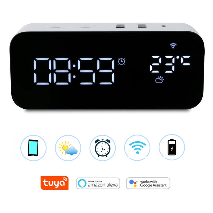 Orologio intelligente SMART WiFi sveglia da comodino temperatura meteo USB controllo vocale Alexa Google Smart Life con spina 230V