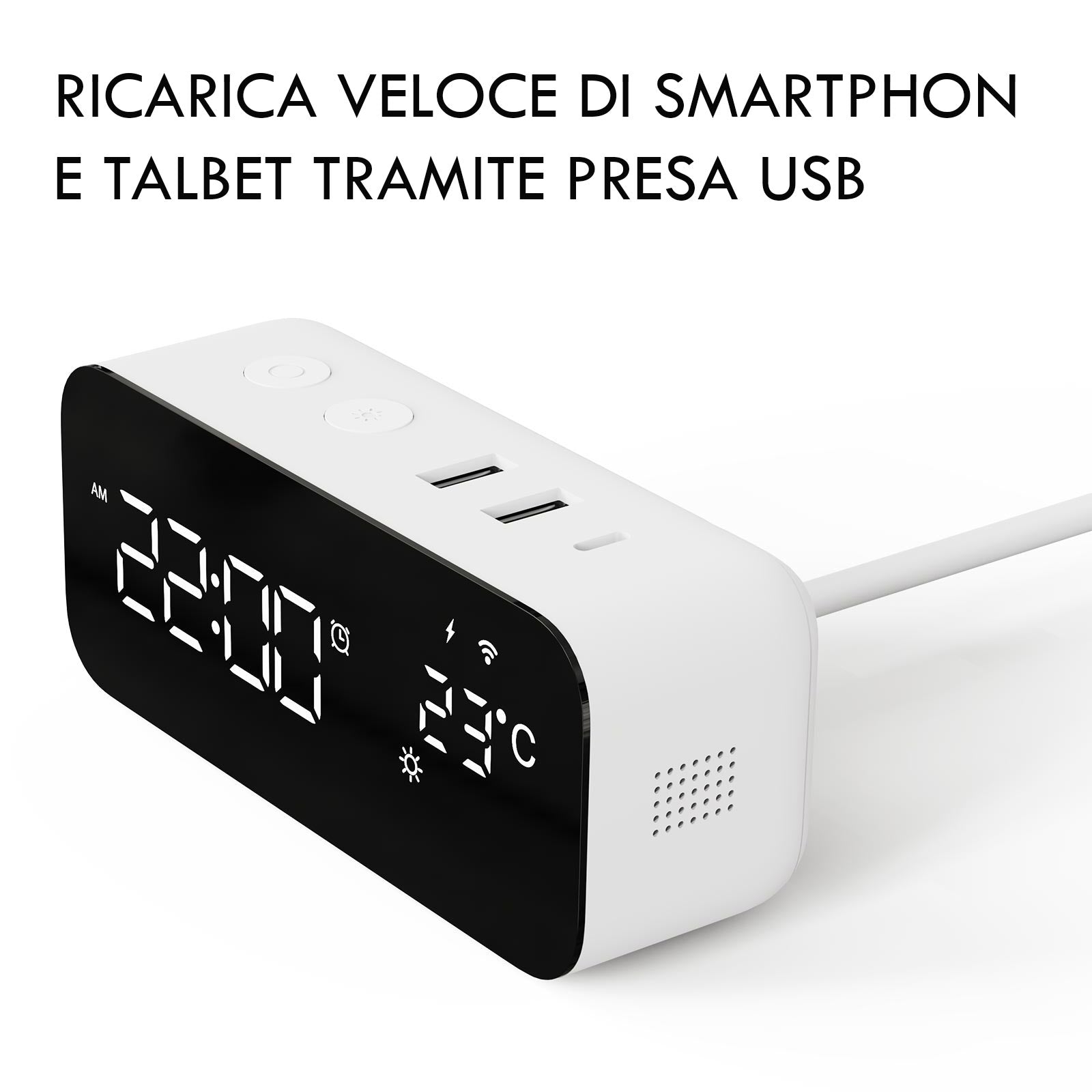 Orologio intelligente SMART WiFi sveglia da comodino temperatura meteo USB controllo vocale Alexa Google Smart Life con spina 230V