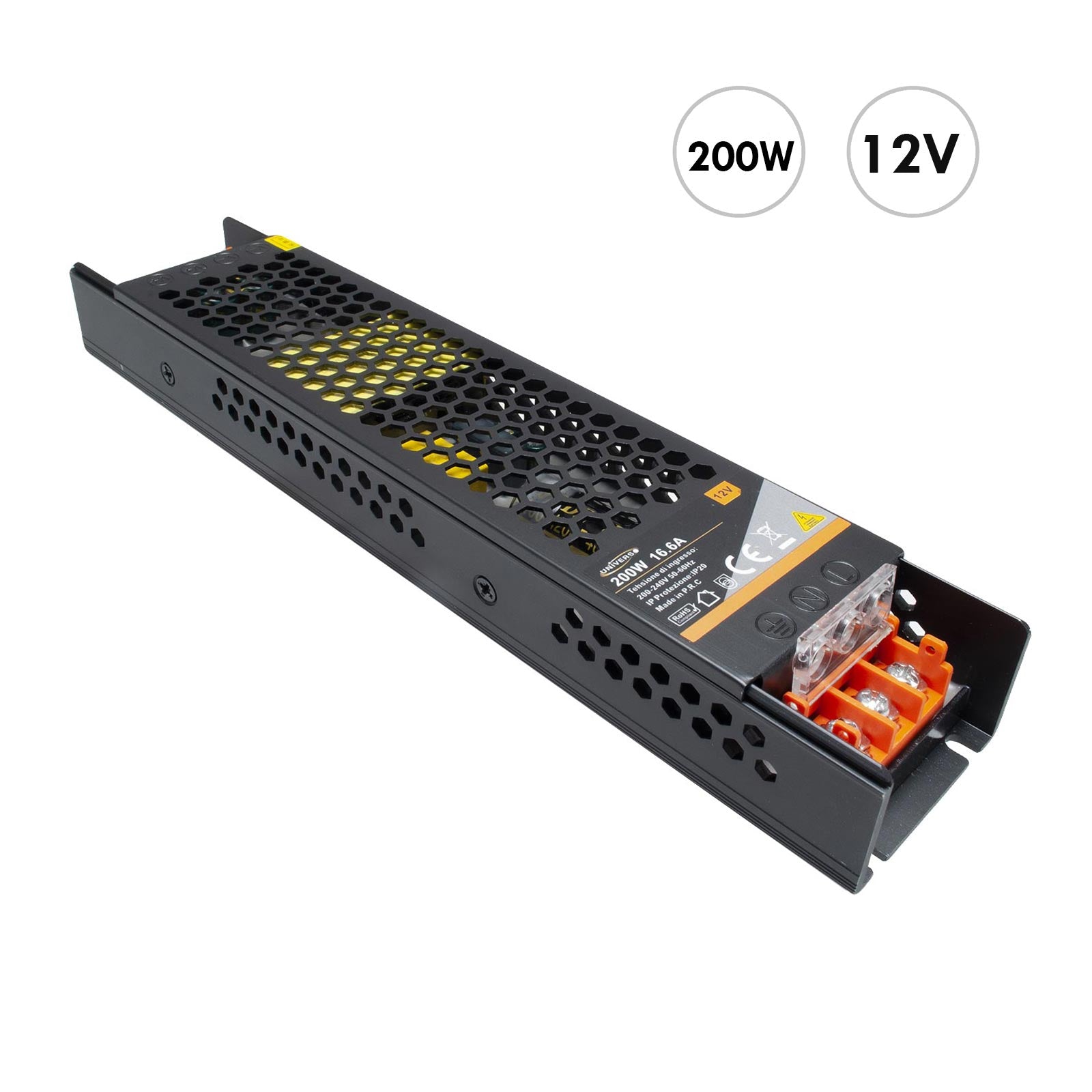 Alimentatore slim 200W trasformatore da 230V a 12V videosorveglianza LED 16.7A