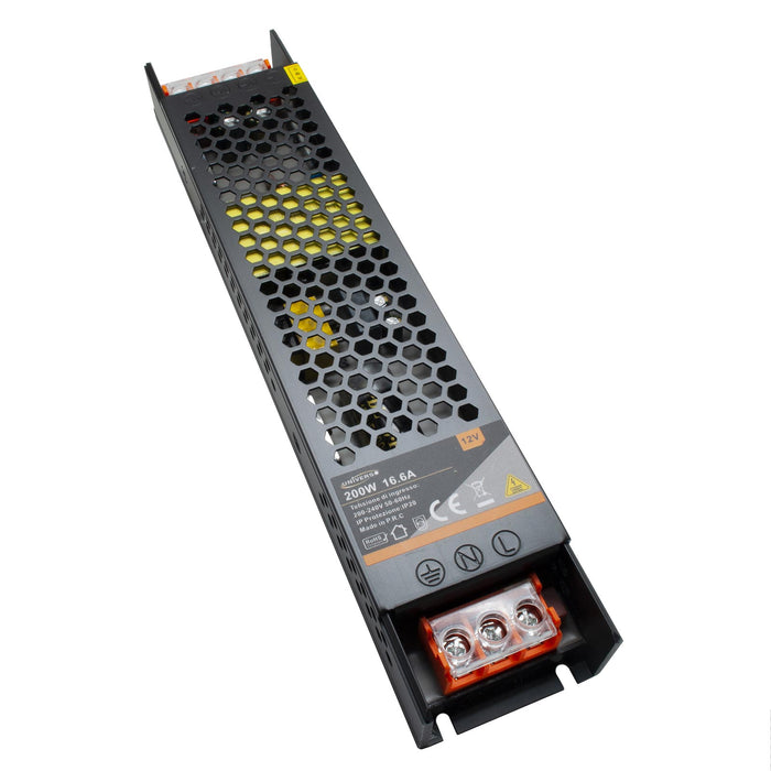 Alimentatore slim 200W trasformatore da 230V a 12V videosorveglianza LED 16.7A