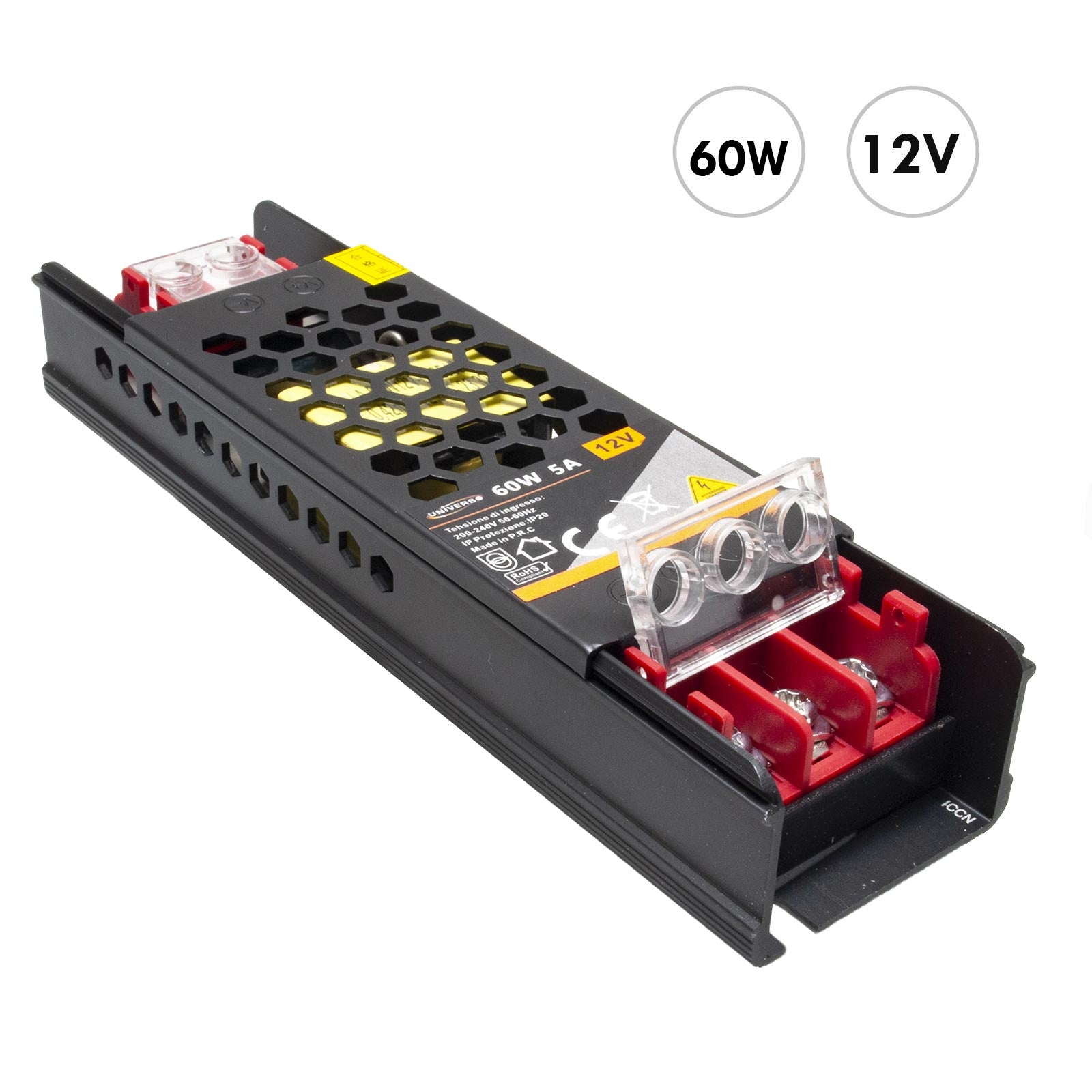 Alimentatore slim 60W trasformatore da 230V a 12V 5A strisce luci LED telecamere