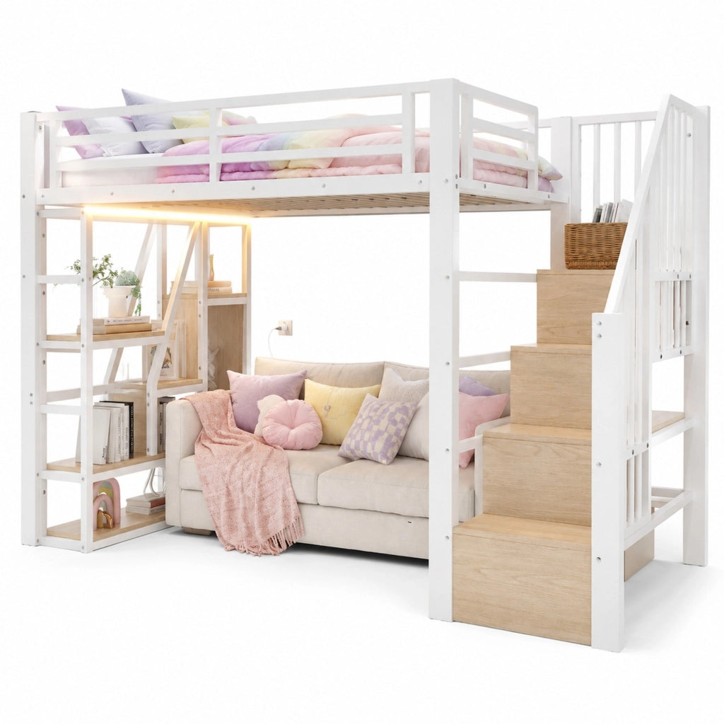 Letto a soppalco 90x200 cm in metallo e MDF; con LED; ripiani integrati; bianco