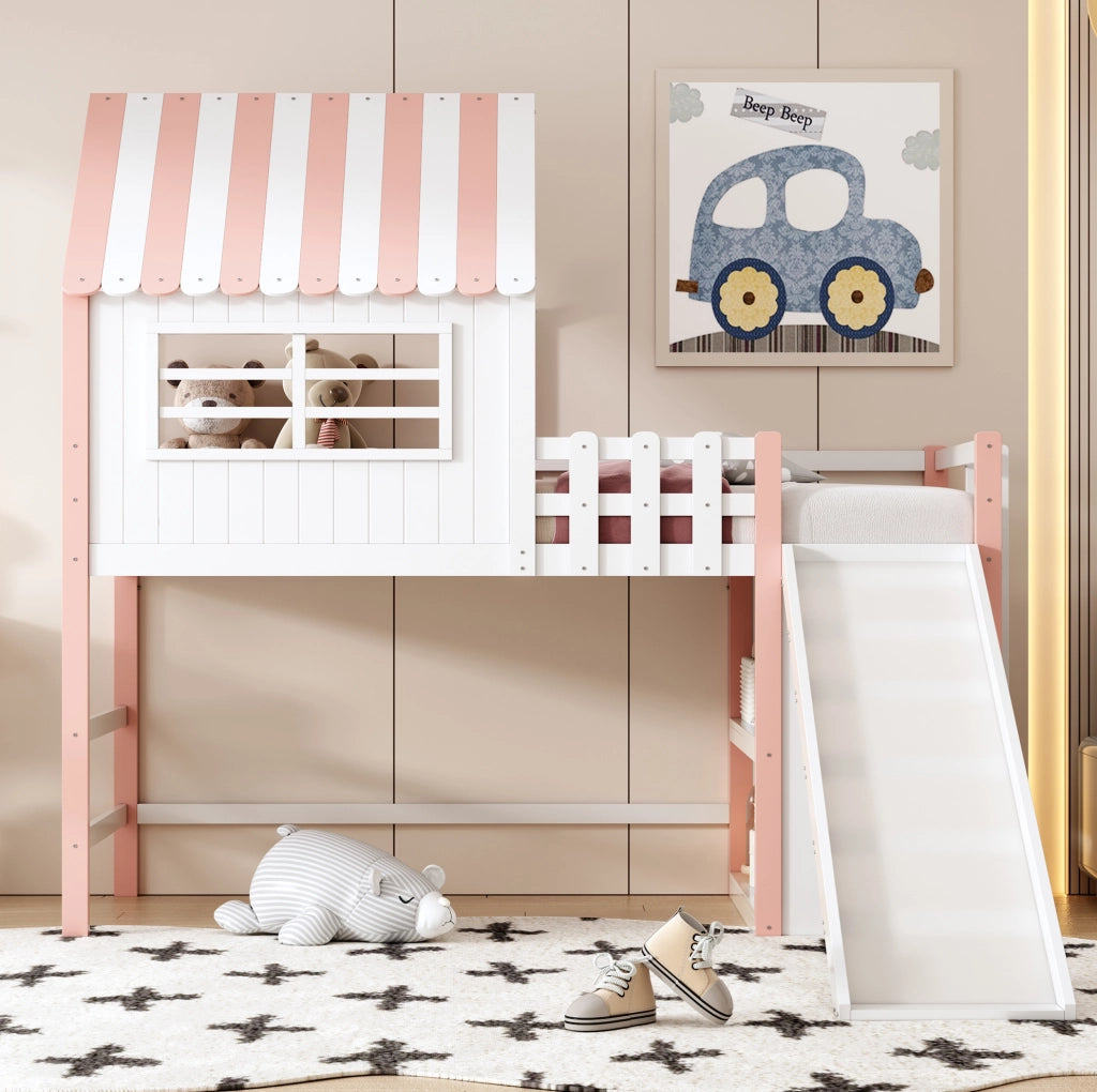 Letto a soppalco per bambini 90x200 cm con scivolo e ripiani in rosa