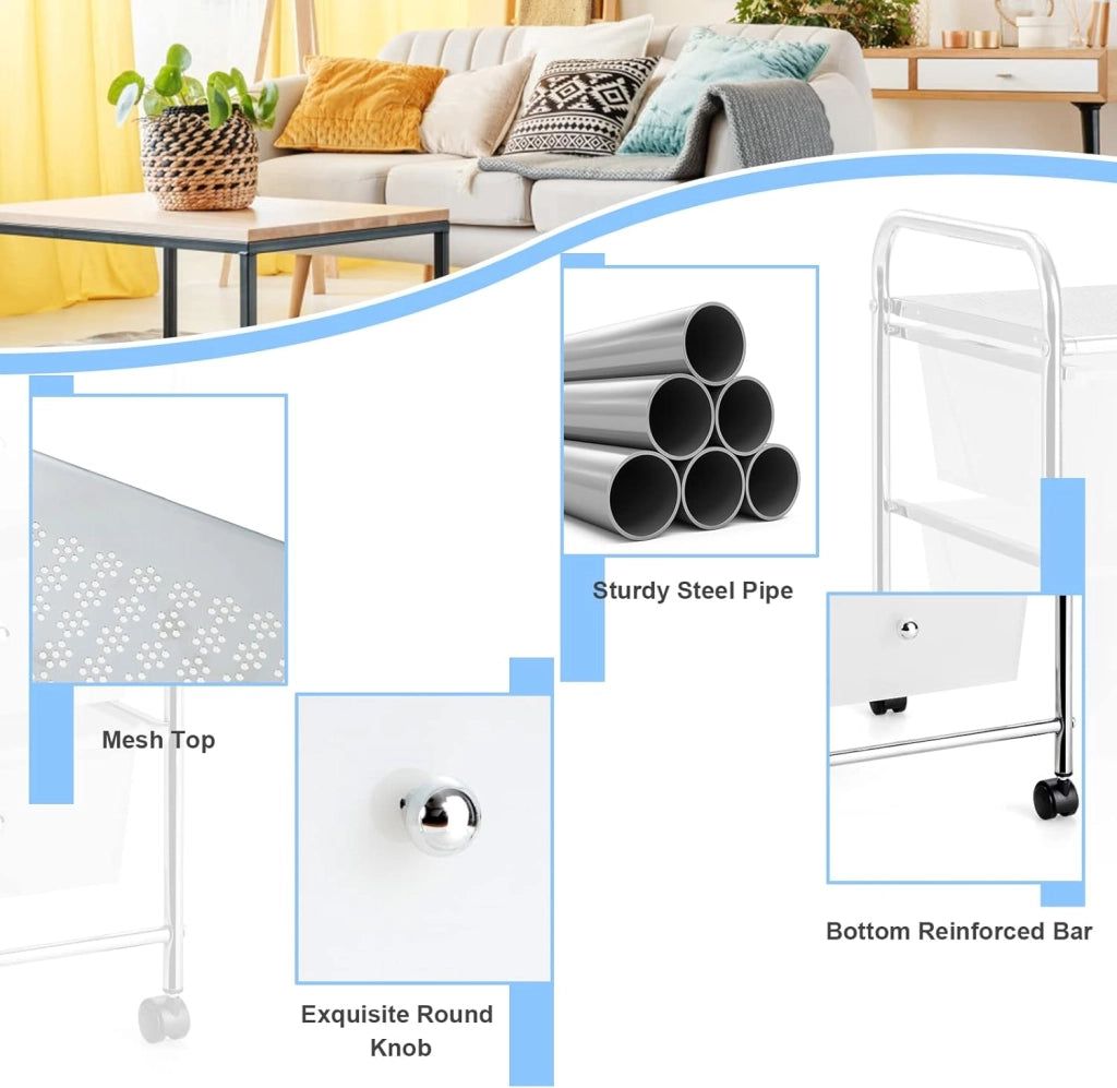 Carrello portaoggetti a 4 cassetti removibili in plastica, tornio portaoggetti con ruote in metallo con struttura a rotelle, organizer per ufficio, camera da letto, bagno (trasparente)