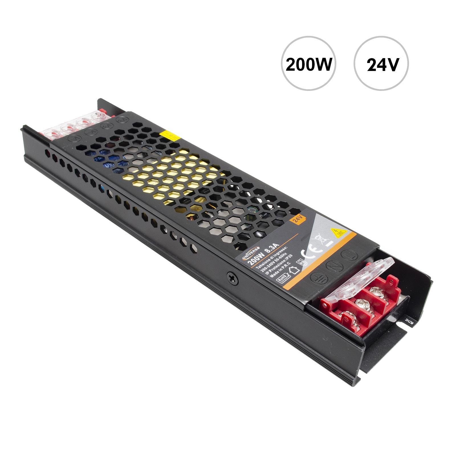 Alimentatore 200W trasformatore stabilizzato slim 24V 8.3A strisce luci LED 230V telecamere