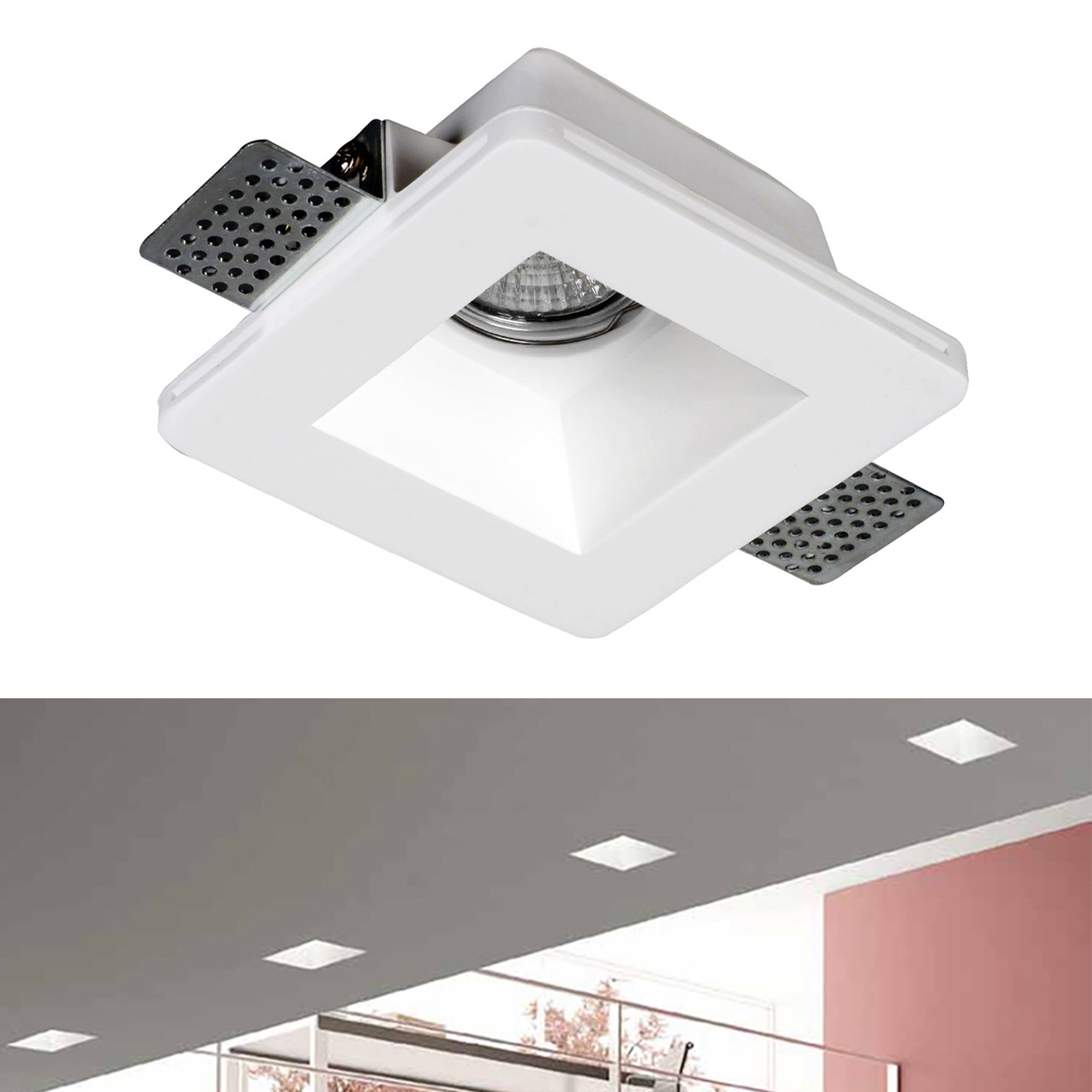 Porta faretto quadrato in gesso verniciabile incasso retrocesso soffitto effetto luce scomparsa 12x12cm