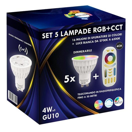 SET 5x Faretto lampada LED GU10 4W dimmerabile RGB CCT da 2700K a 6500K spotlight 25 gradi con telecomando RF