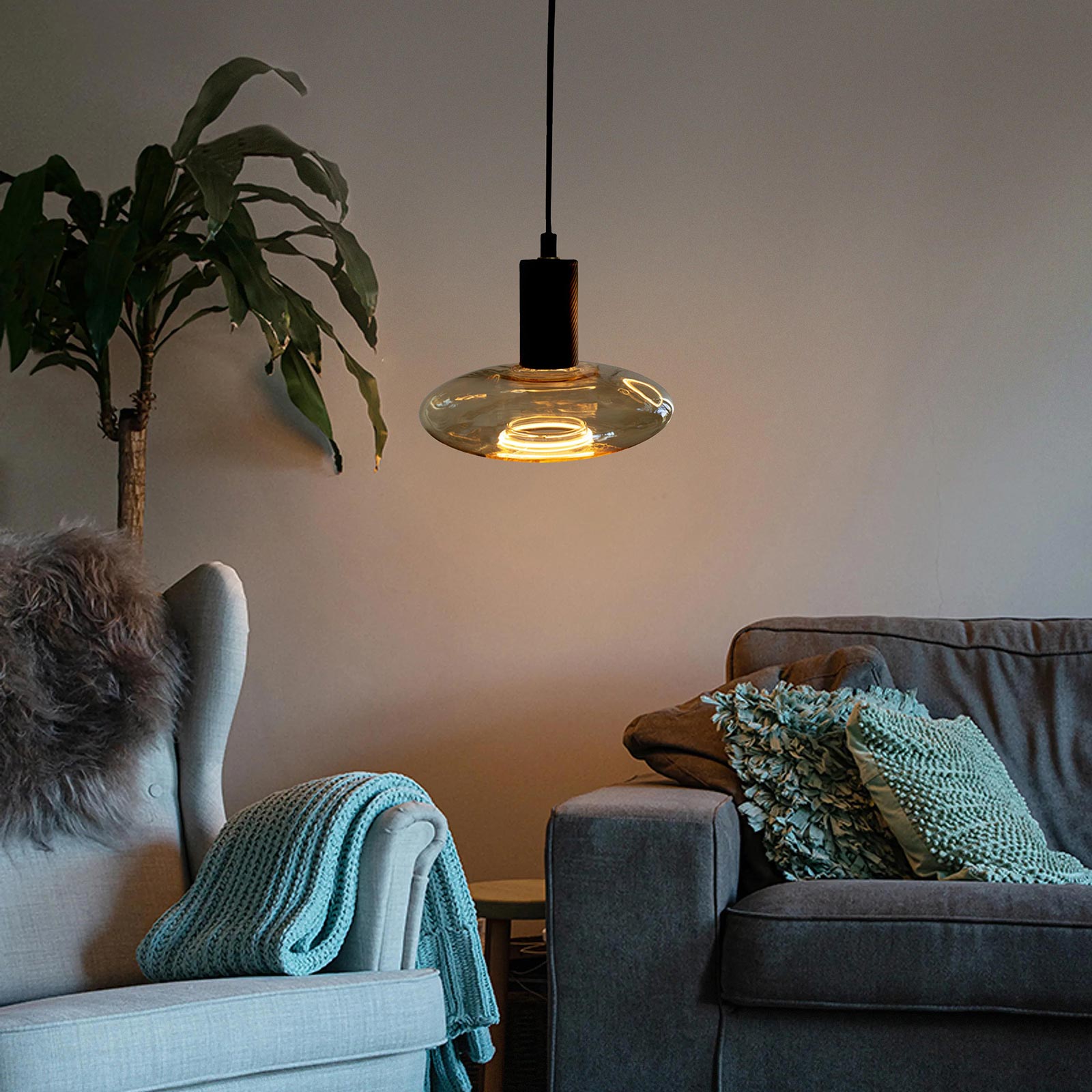 Lampadina di design ORBIT lampada LED E27 4W dimmerabile vetro luce gialla ambra soggiorno cucina diametro 22cm