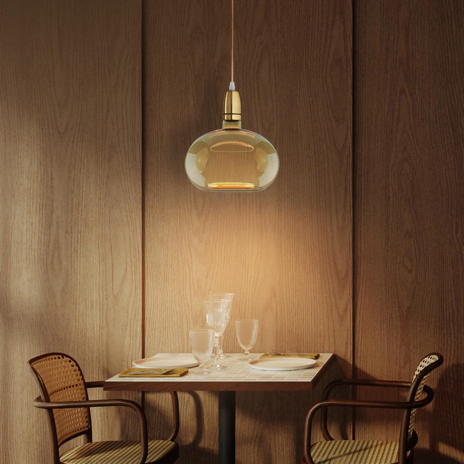 Lampadina stilizzata SHINE lampada LED E27 4.5W dimmerabile vetro luce gialla ambra salotto hall albergo diametro 20cm