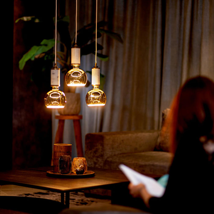 Lampadina design MOON lampada LED E27 6W dimmerabile vetro fume luce gialla 1900K pizzeria bar diametro 150mm