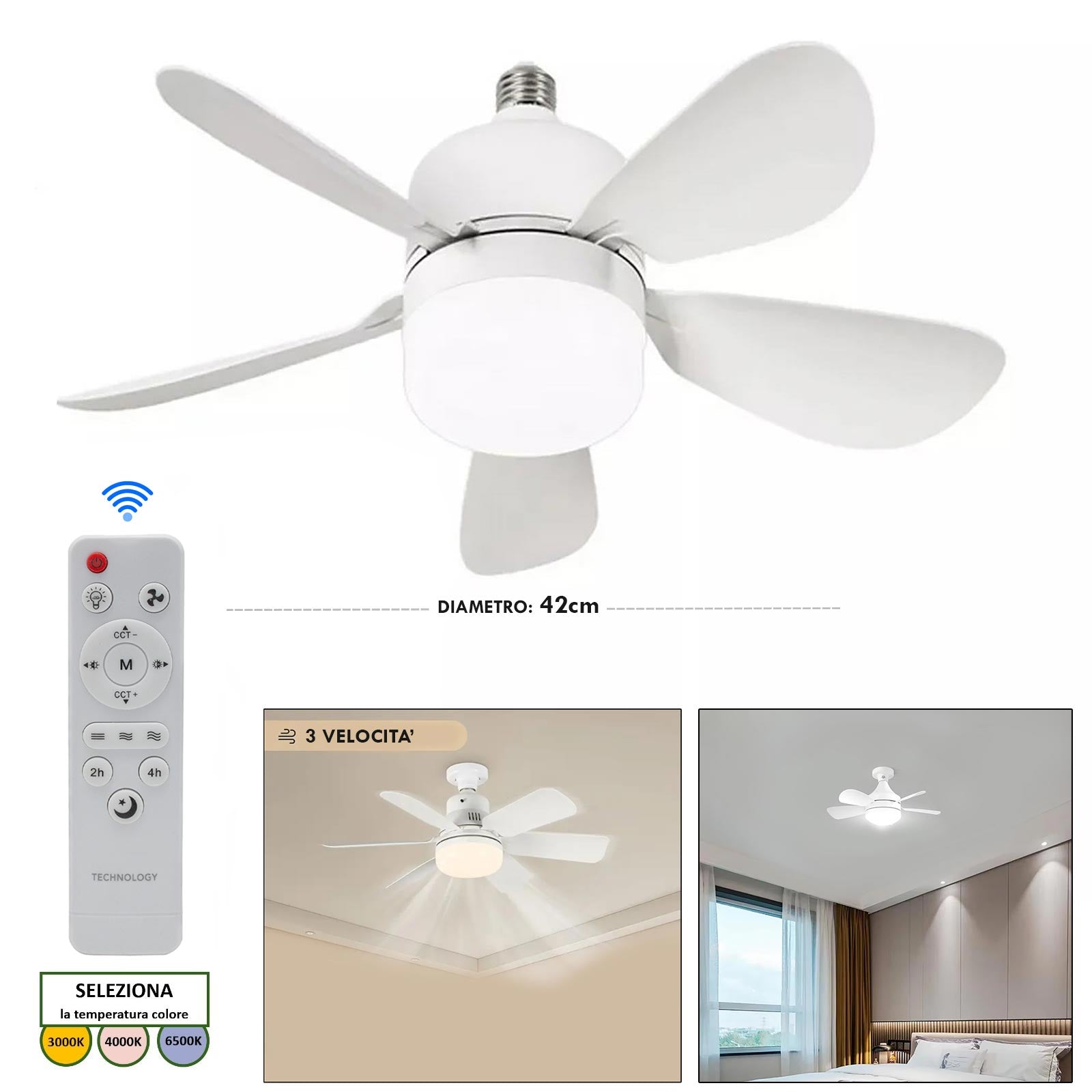 Lampadina E27 2 in 1 lampada dimmerabile ventilatore 3 velocità LED 19W CCT da 3000K a 6500K telecomando camera da letto cucina 3 velocità
