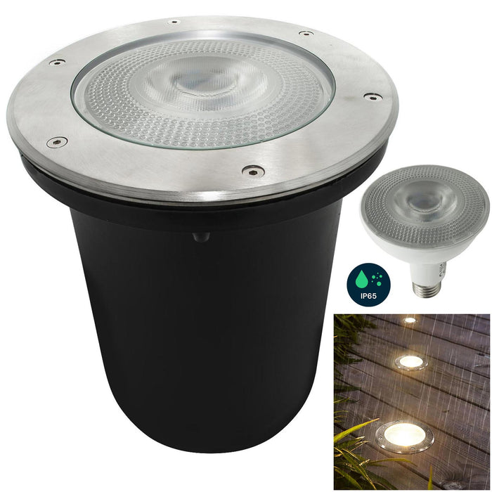Faretto calpestabile da incasso IP65 LED E27 PAR30 12W tondo acciaio angolo luce SPOT 40 gradi giardino viale sentiero LUCE FREDDA 6000K