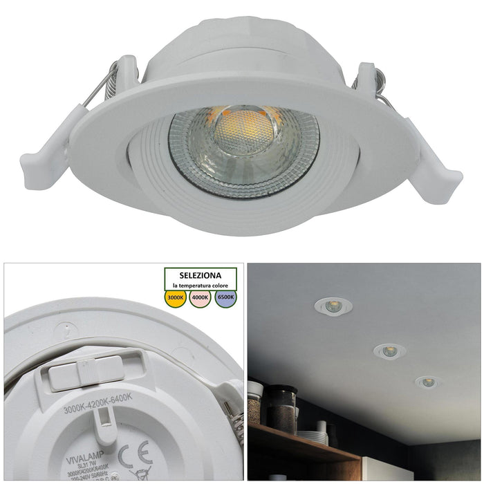 CONFEZIONE DA 10 Faretto incasso tondo slim LED 7W CCT orientabile foro 70mm SPOT 38 gradi luci cappa vetrina negozio BIANCO