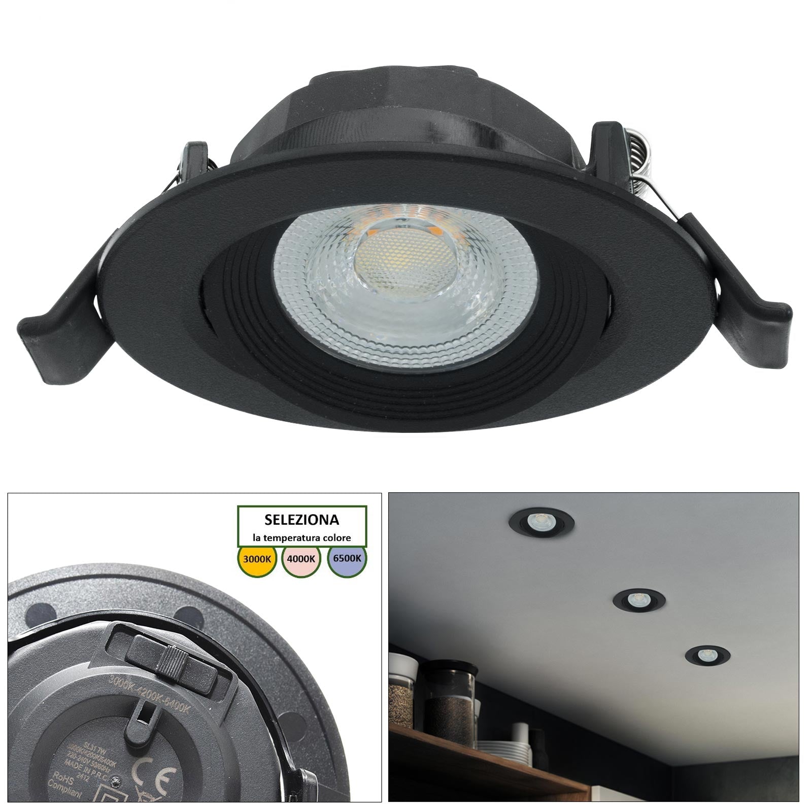 CONFEZIONE DA 10 Faretto incasso tondo slim LED 7W CCT orientabile foro 70mm SPOT 38 gradi luci cappa vetrina negozio NERO