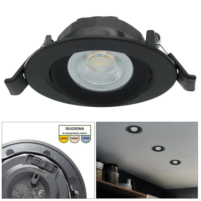 CONFEZIONE DA 10 Faretto incasso tondo slim LED 7W CCT orientabile foro 70mm SPOT 38 gradi luci cappa vetrina negozio NERO