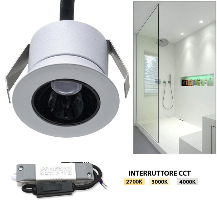 Mini faretto bianco incasso LED 3W CCT da 2700K a 4000K luce SPOT 26 gradi box doccia bagno IP44 vetrine espositori RA90