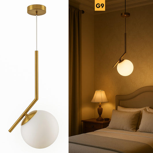 Lampadario pendente bronzo G9 lampada sospensione globo sfera vetro bianco luce tavolo cucina camera letto altezza regolabile