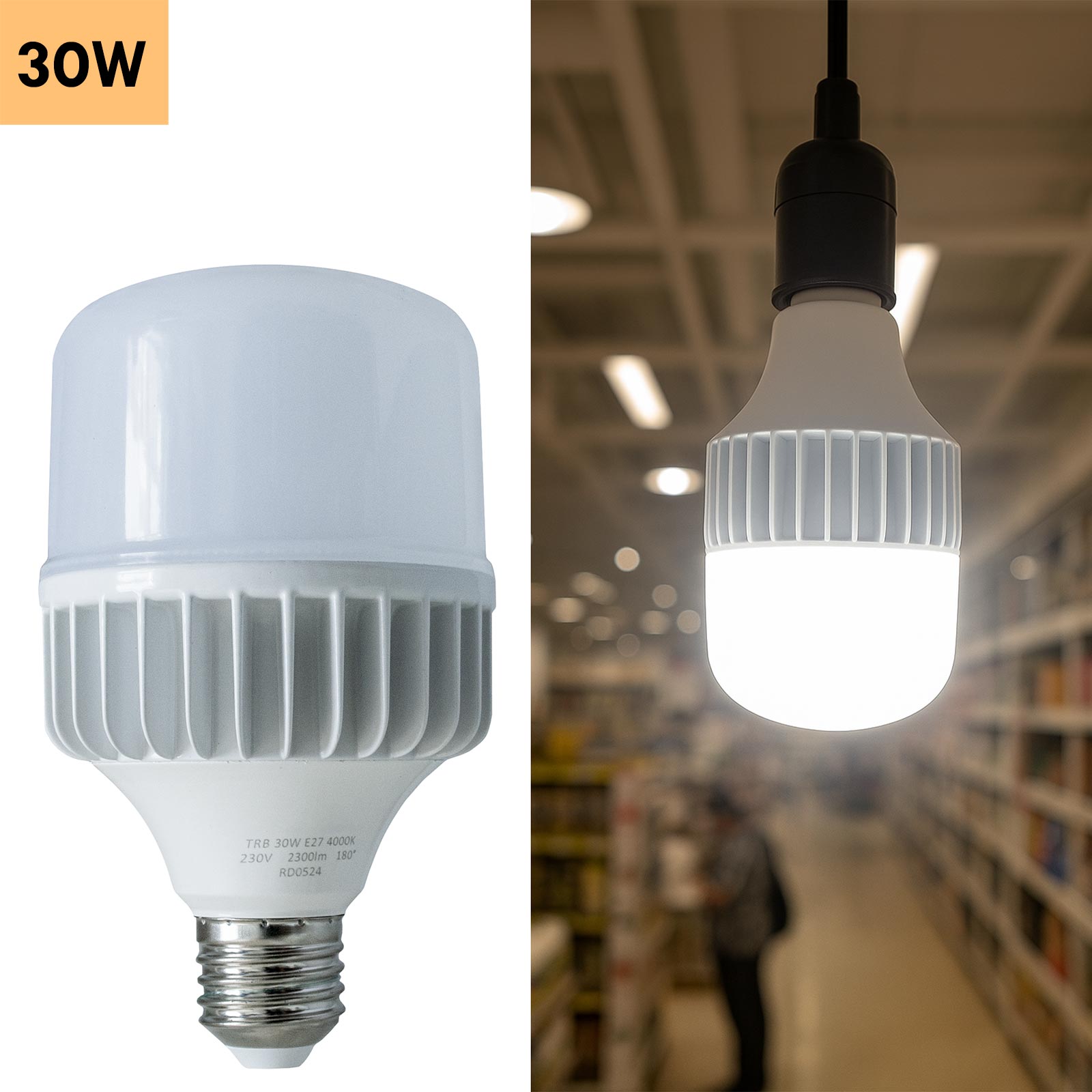 Lampada TURBO LED E27 30W alta resa 141W 2300 lumen illuminazione per grandi ambienti luce negozio centro commerciale 4000K
