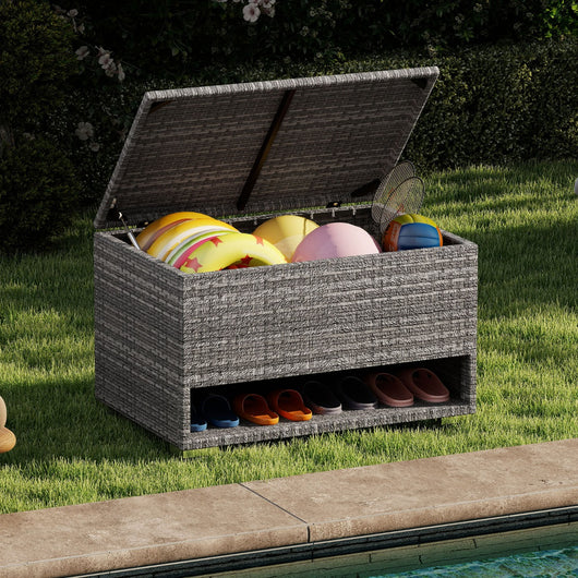 186 L Box contenitore da patio con scarpiera, Scatola da esterno in rattan intrecciato con rivestimento protettivo Grigio-Casette da giardino