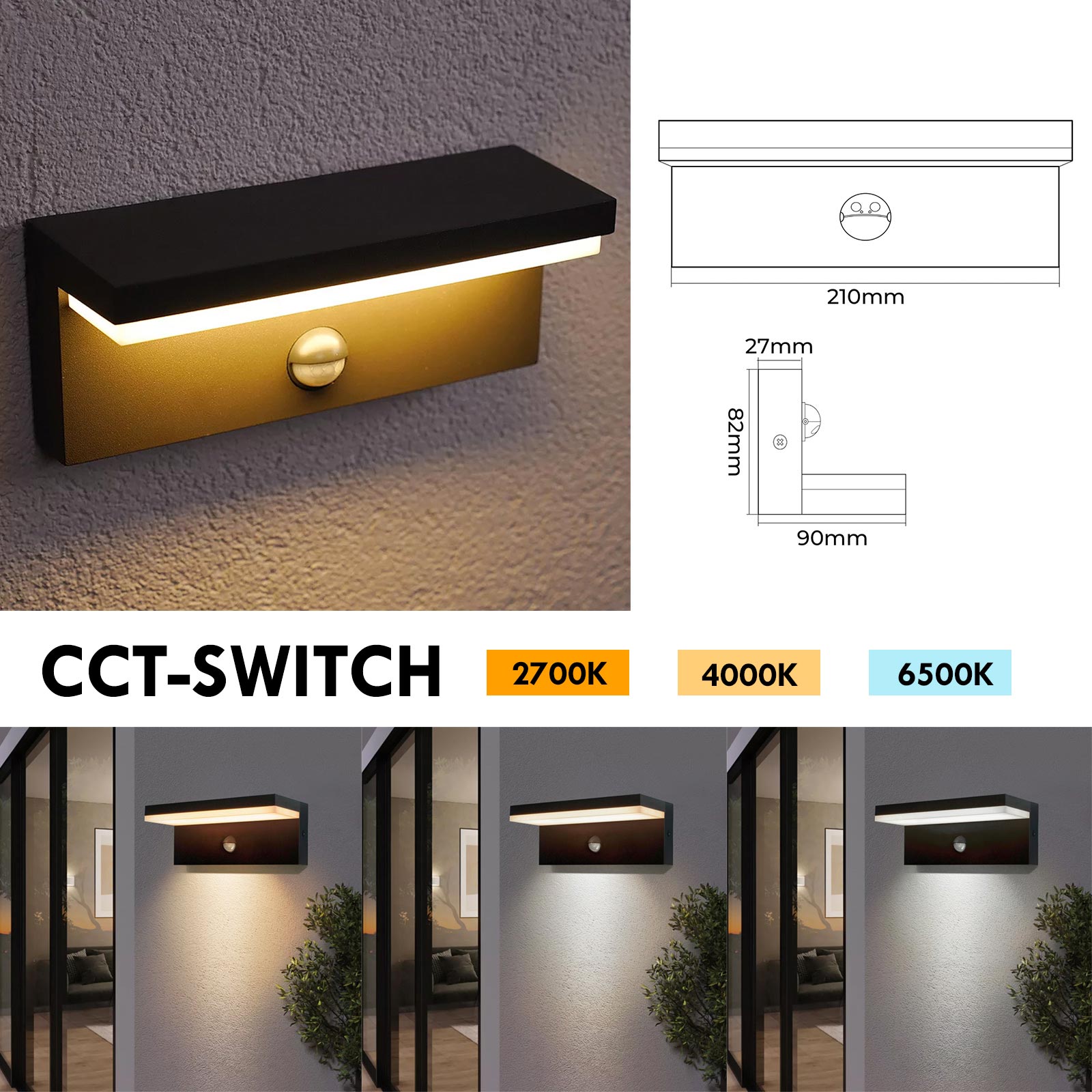 Applique esterno da parete con sensore LED CCT SWITCH 10W impermeabile IP54 luce muro giardino ingresso garage parcheggio COLORE NERO
