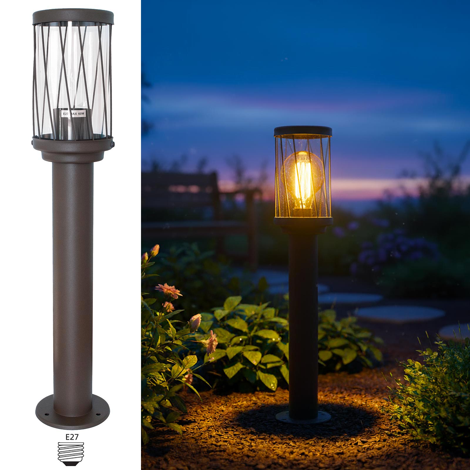 Lampione da giardino marrone LED E27 H50cm in alluminio impermeabile IP54 diffusore trasparente moderno per vialetti e cortile esterno