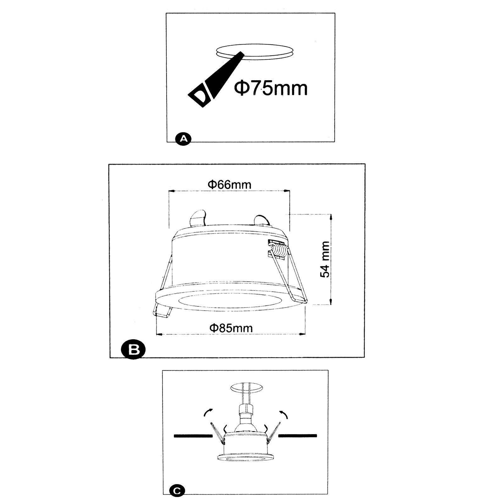 Portafaretto da incasso retrocesso impermeabile IP44 alluminio nero luce soffitto box doccia sauna bagno turco foro 75mm