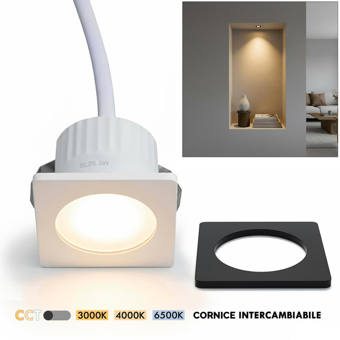 Mini faretto incasso moderno LED 3W CCT cornice intercambiabile bianco nero luce mensole mobili ripiani cappa vetrine 230V QUADRATO