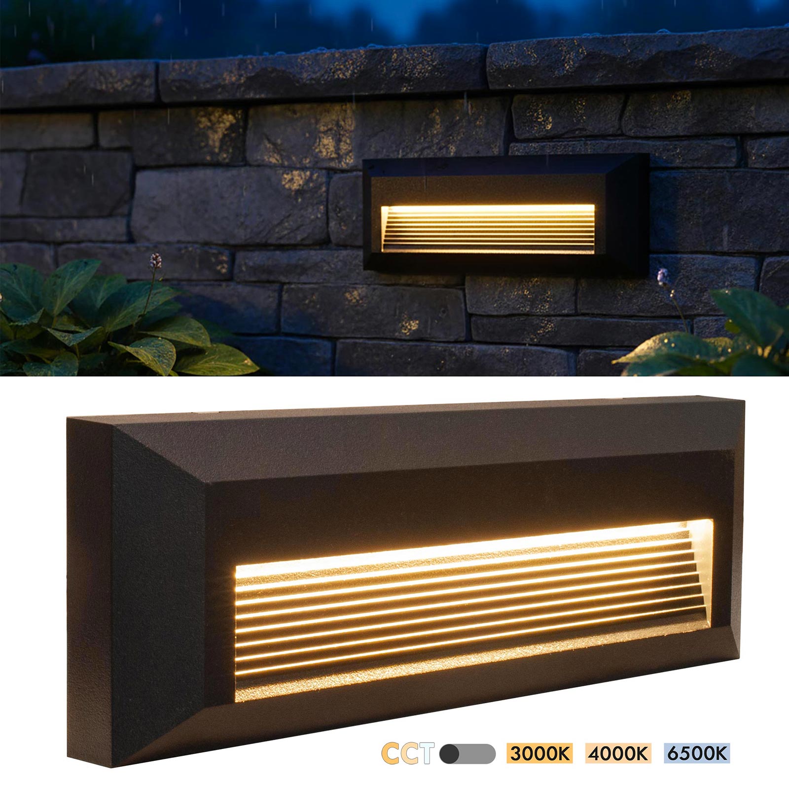 Faretto segnapassi rettangolare slim LED 6W CCT per esterni IP65 luce regolabile 3000K-6000K giardino parete muro 230V COLORE NERO