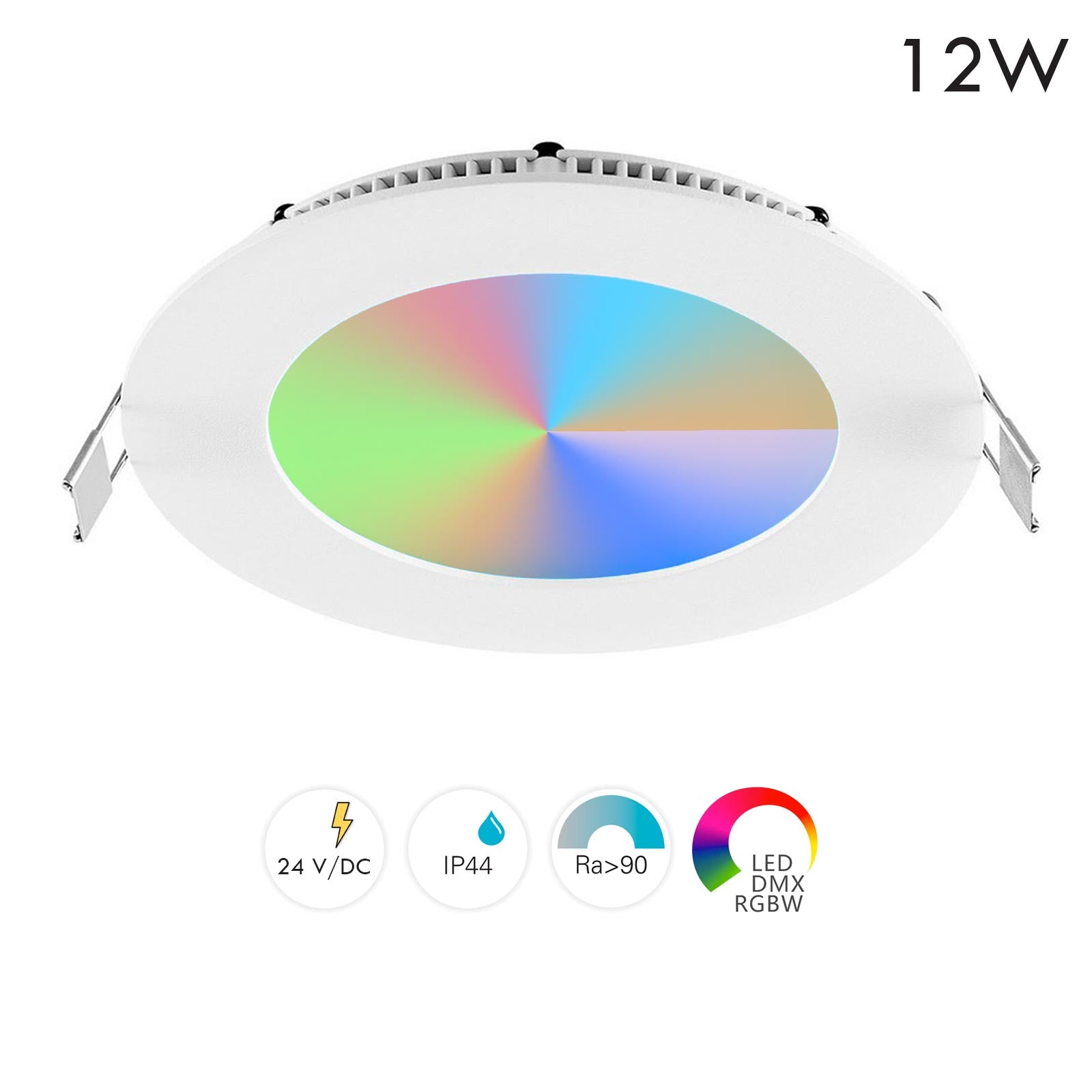 Faretto LED incasso pannello tondo slim DMX RGB multicolore luce calda 24V impermeabile cromoterapia box doccia bagno 12W foro 125mm