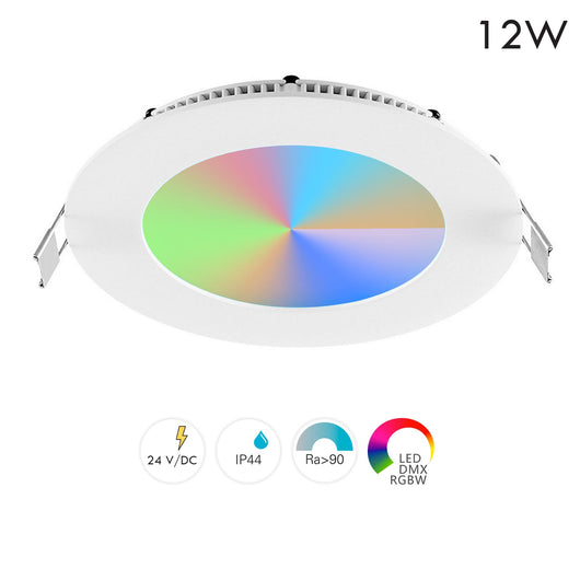 Faretto LED incasso pannello tondo slim DMX RGB multicolore luce calda 24V impermeabile cromoterapia box doccia bagno 12W foro 125mm