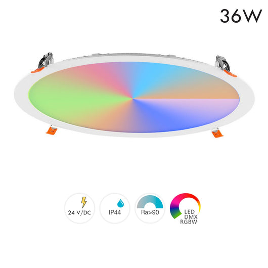 Faretto LED incasso pannello tondo slim DMX RGB multicolore luce calda 24V impermeabile cromoterapia box doccia bagno 36W foro 380mm