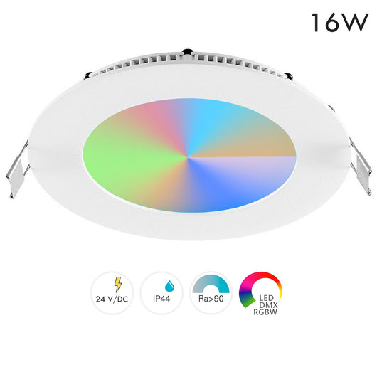 Faretto LED incasso pannello tondo slim DMX RGB multicolore luce calda 24V impermeabile cromoterapia box doccia bagno 16W foro 157mm
