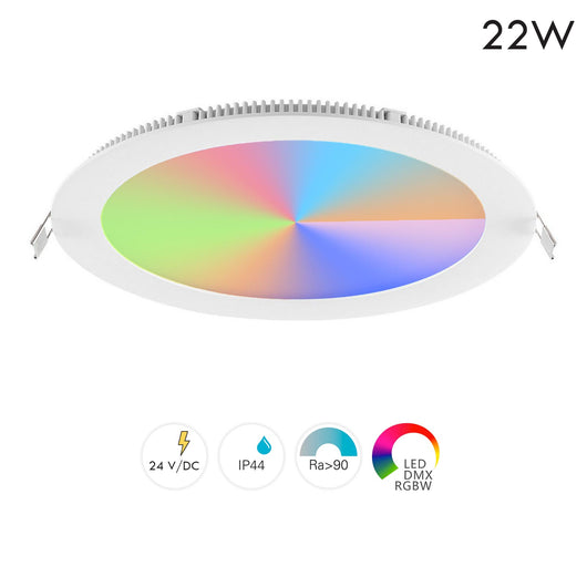 Faretto LED incasso pannello tondo slim DMX RGB multicolore luce calda 24V impermeabile cromoterapia box doccia bagno 22W foro 215mm